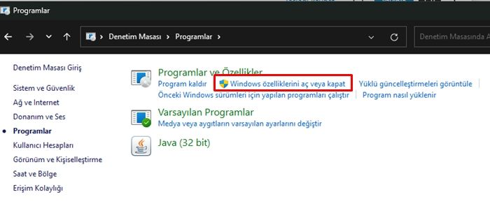 Windows 11 Özellikleri Açma ve Kapama ekranı